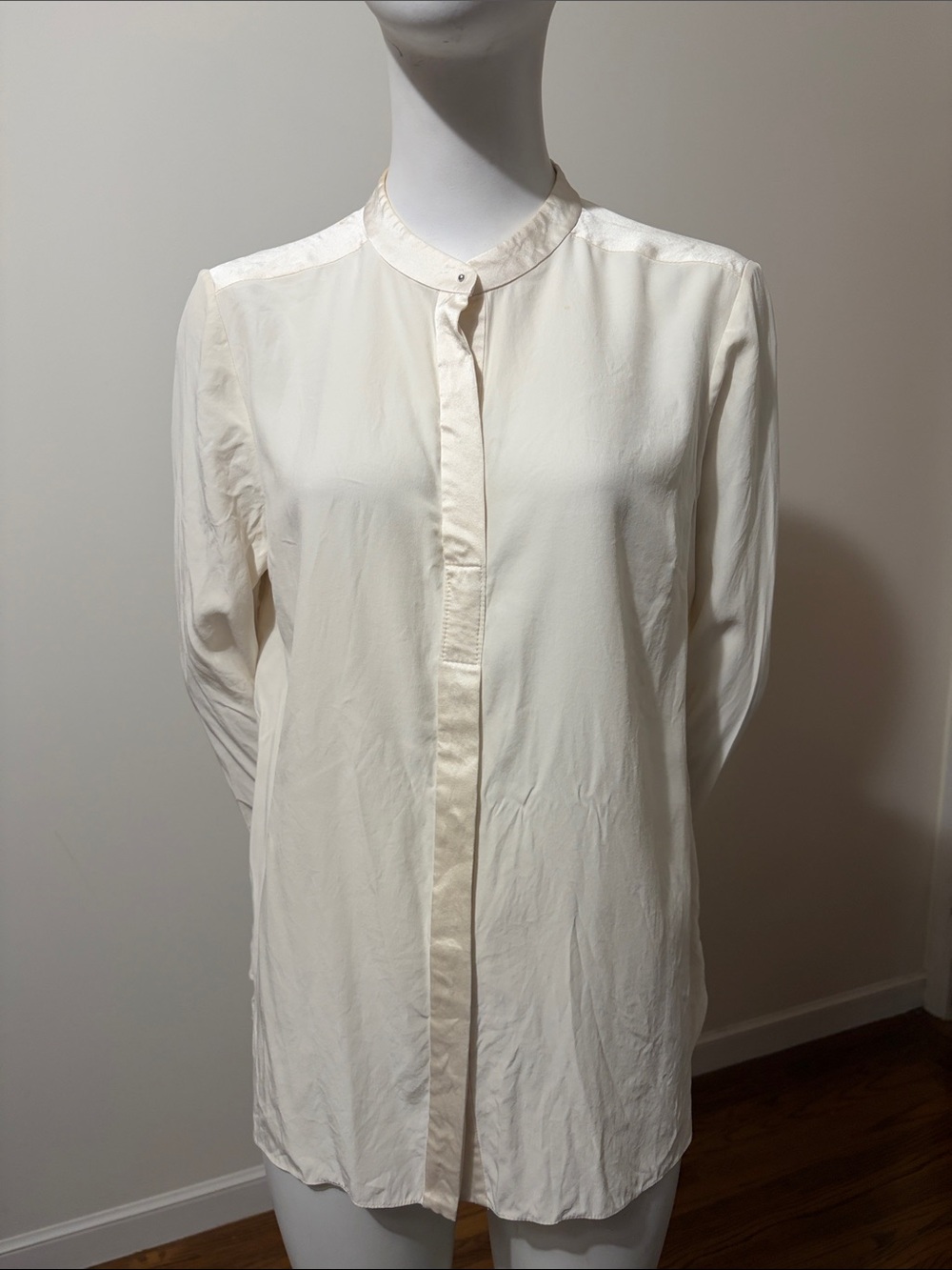 Elie Tahari Silk Cream Band-Collar Long-Sleeve Shirt